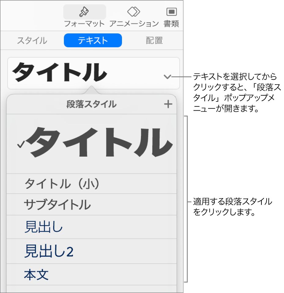 「段落スタイル」メニュー。選択したスタイルの横にチェックマークが表示された状態。
