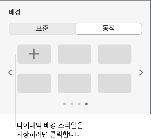 스타일 추가 버튼이 표시된 포맷 사이드바의 배경 섹션에서 다이내믹 버튼이 선택됨.