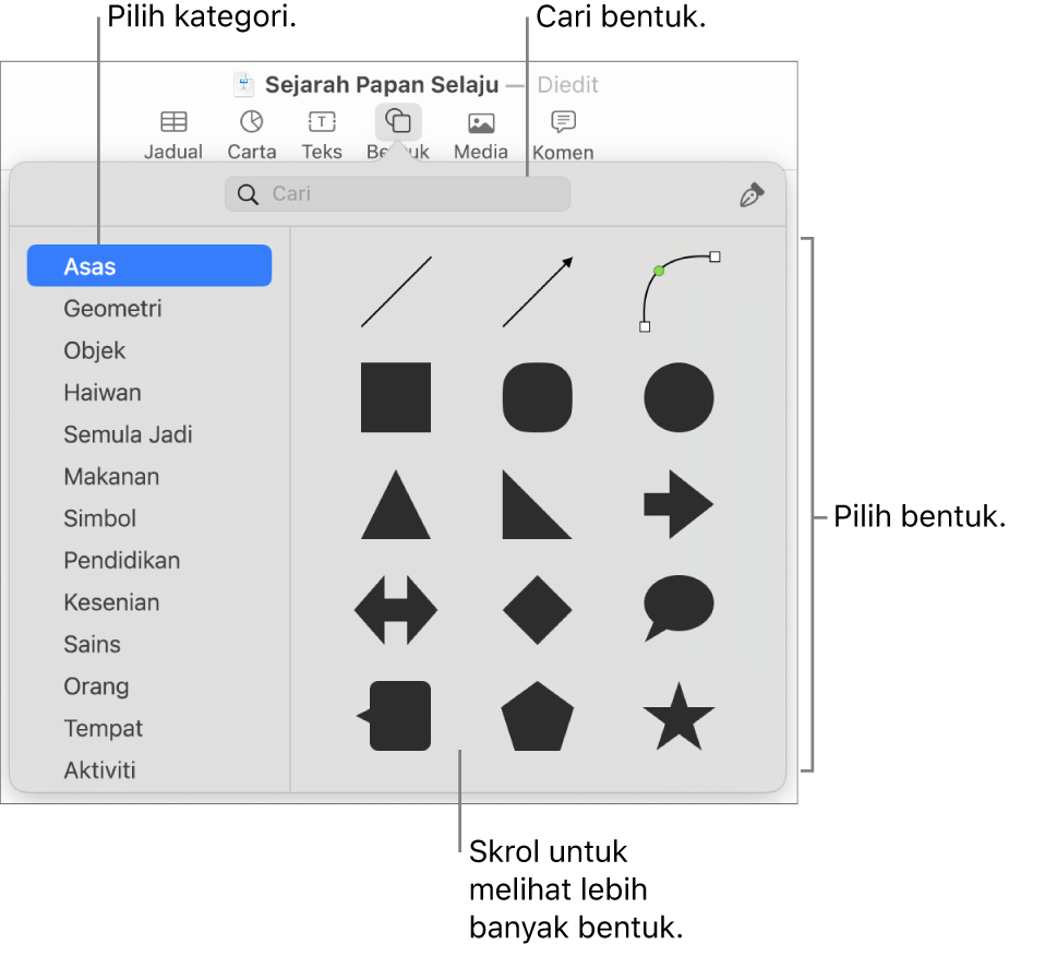 Pustaka bentuk, dengan kategori disenaraikan di kiri dan bentuk dipaparkan di kanan. Anda boleh menggunakan medan carian di bahagian atas untuk mencari bentuk dan skrol untuk melihat lebih banyak.