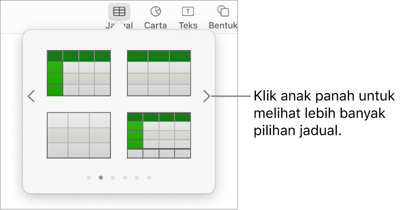 Anak tetingkap Tambah Jadual dengan anak panah navigasi di sebelah kiri dan kanan.