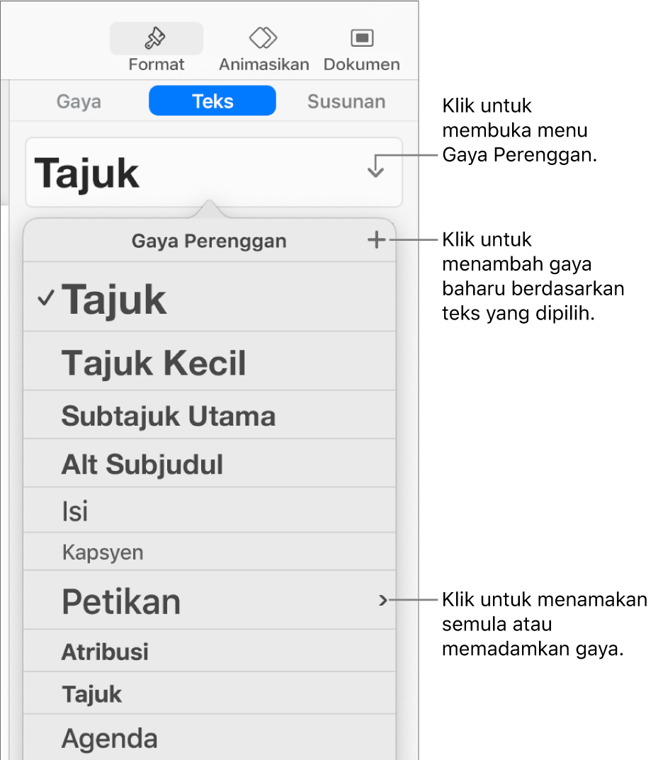 Menu Gaya Perenggan, menunjukkan kawalan untuk menambah atau menukar gaya.