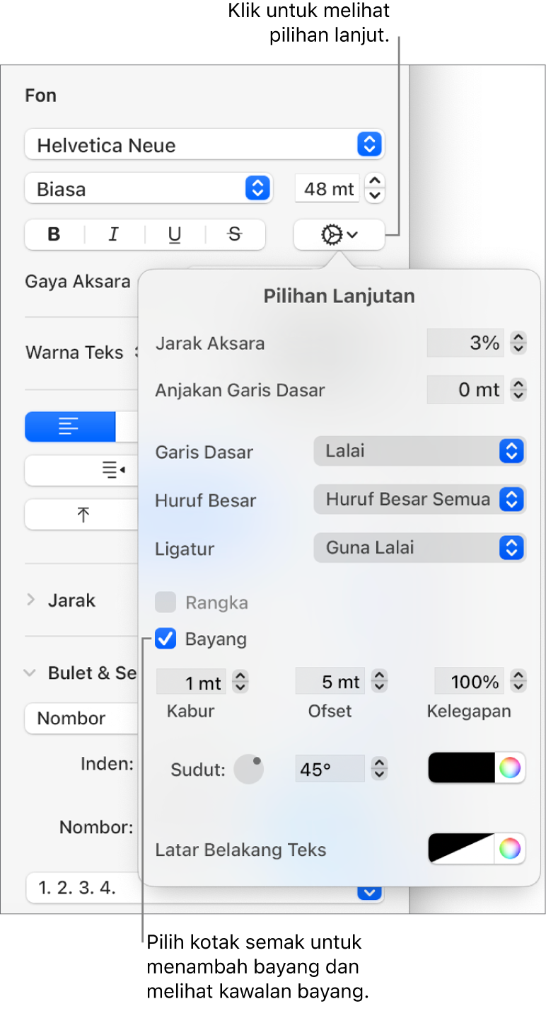 Pilihan Lanjutan terbuka dengan kotak semak Bayang dipilih dan kawalan untuk mengesetkan kabur, ofset, kelegapan, sudut dan warna.