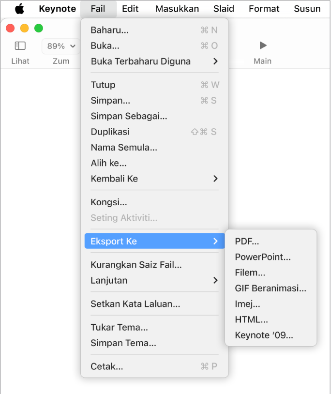 Menu Fail terbuka dengan Eksport Ke dipilih dan submenu menunjukkan pilihan eksport untuk PDF, PowerPoint, Filem, HTML, Imej dan ’09.