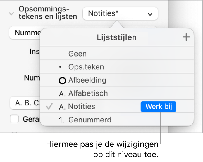 Het pop‑upmenu 'Lijststijlen' met een knop 'Werk bij' naast de naam van de nieuwe stijl.
