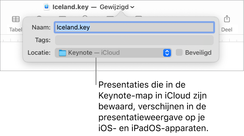 Het dialoogvenster 'Bewaar' voor een presentatie, met de optie 'Keynote - iCloud' in het pop‑upmenu 'Locatie'.