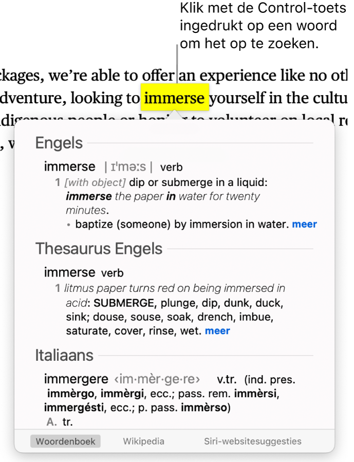 Tekst met een gemarkeerd woord en een venster met de definitie en een thesaurusvermelding. Onder in het venster staan de knop voor het woordenboek en de knop voor Wikipedia.