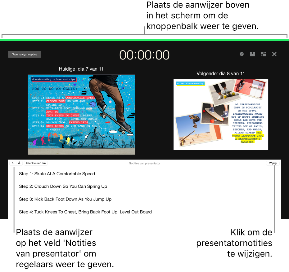 Het presentatorscherm in Keynote met knoppen voor het openen en sluiten van het dianavigatiepaneel en weergaveopties boven in het scherm. De huidige dia en de volgende dia staan in het midden van het scherm en het veld 'Notities van presentator' staat onderaan.