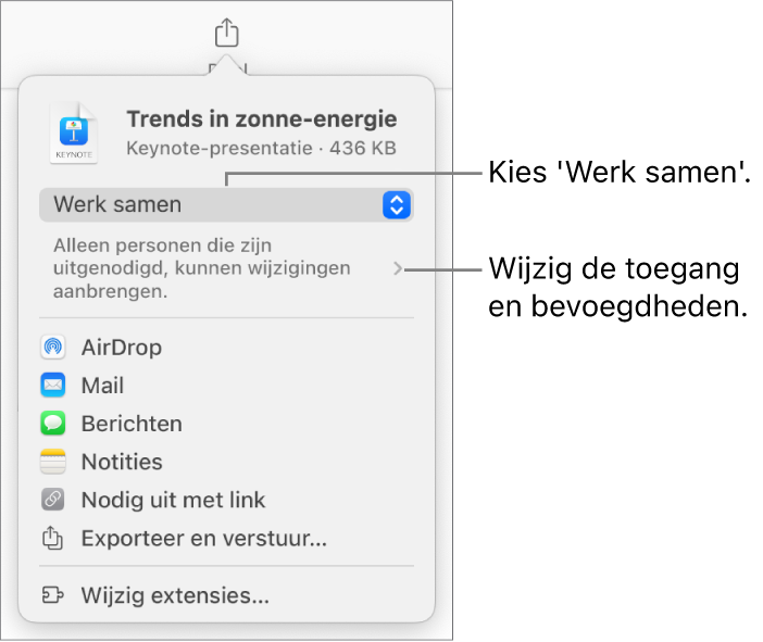 Het Deel-menu waarin bovenin 'Werk samen' is geselecteerd. Eronder staan toegangsinstellingen en bevoegdheden.