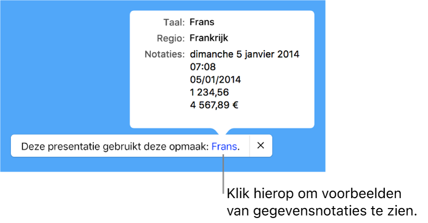 De melding van de afwijkende taal en regio, met voorbeelden van de opmaak in die taal en voor die regio.