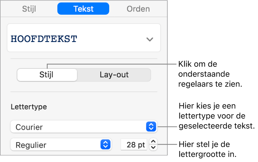 Tekstregelaars in het gedeelte 'Stijl' van de navigatiekolom voor het instellen van het lettertype en de lettergrootte.