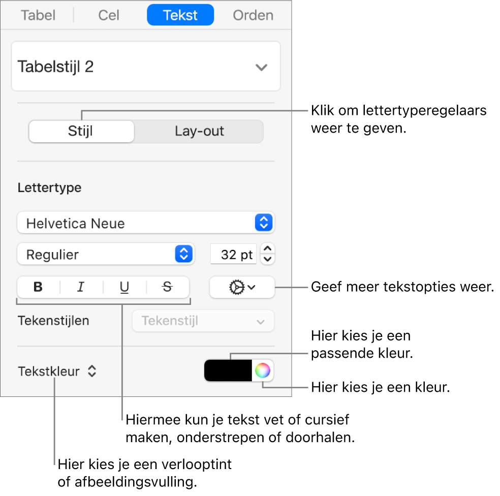 De regelaars voor tabeltekststijlen.