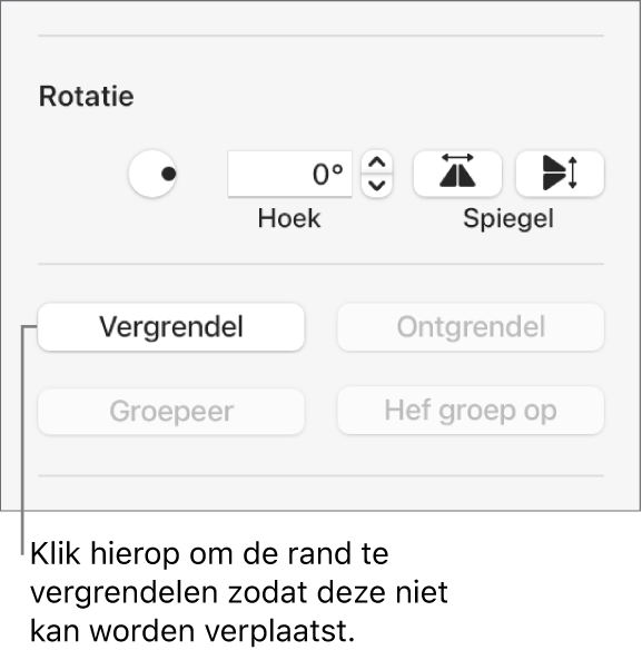 De objectregelaars 'Rotatie', 'Vergrendel' en 'Groepeer' met uitleg bij de knop 'Vergrendel'.