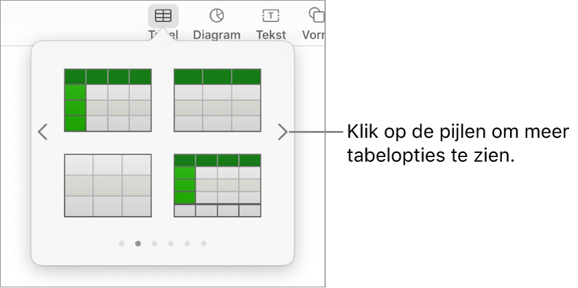 De tabelkiezer met navigatiepijlen links en rechts.