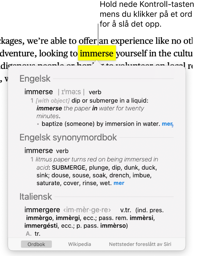 Tekst med et ord markert og et vindu som viser definisjonen og en synonymordbokoppføring. To knapper nederst i vinduet har lenker til ordboken og Wikipedia.