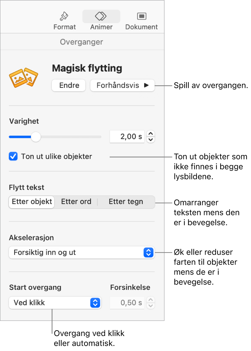 Magisk flytting-overgangskontroller i Overganger-delen i Animer-sidepanelet.