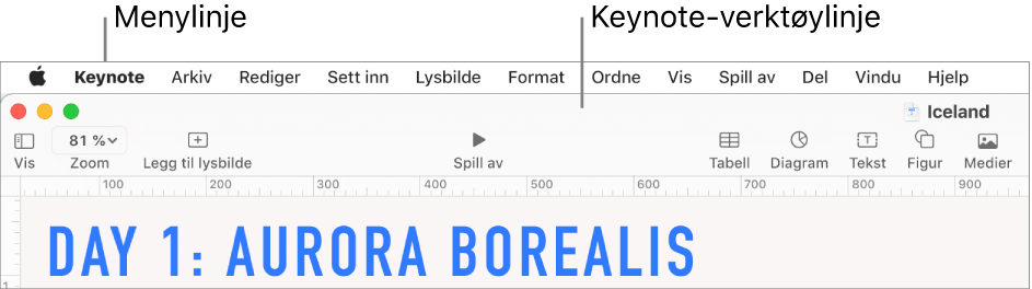 Menylinjen øverst på skjermen med menyene Apple, Keynote, Arkiv, Rediger, Sett inn, Format, Ordne, Vis, Del, Spill av, Vindu og Hjelp. Under menylinjen er det en åpen Keynote-presentasjon med verktøylinjeknapper øverst for Vis, Zoom, Legg til lysbilde, Spill av, Tabell, Diagram, Tekst, Figur og Medier.