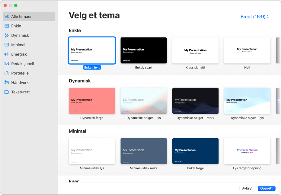 Temavelgeren. Sidepanelet til venstre viser temakategoriene du kan klikke på for å filtrere valg. Til høyre vises miniatyrer av forhåndsdesignede temaer som er plassert i rader etter kategori.