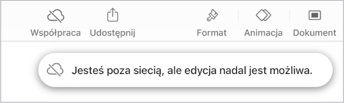 Przyciski na górze ekranu; przycisk współpracy wyświetlany jest jako chmura przekreślona ukośną linią. Alert zawierający następującą informację: Brak połączenia z siecią, ale edycja nadal jest możliwa.