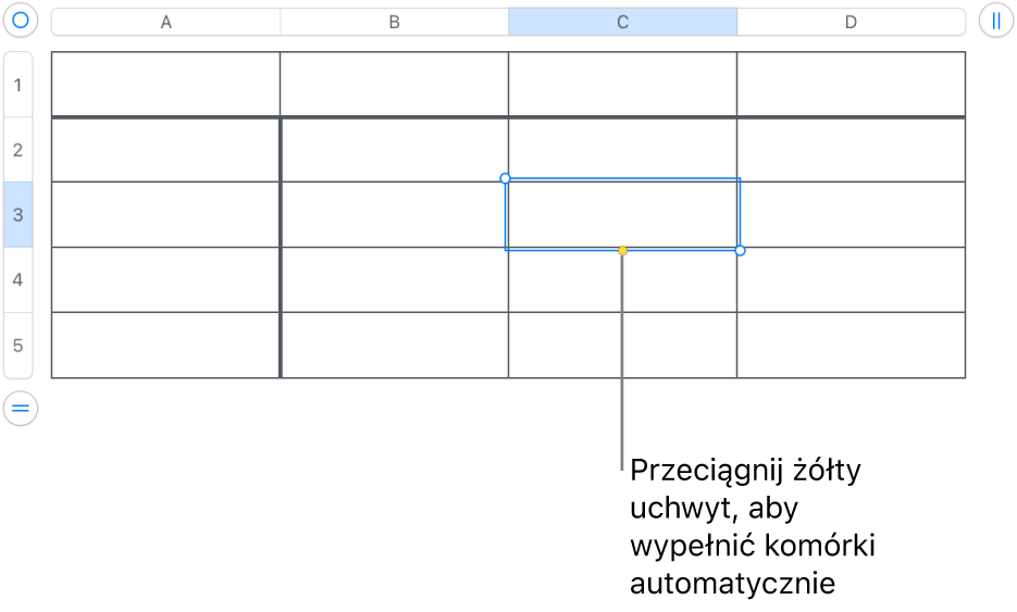 Zaznaczona komórka z żółtym uchwytem, który można przeciągnąć, aby automatycznie wypełnić komórki.