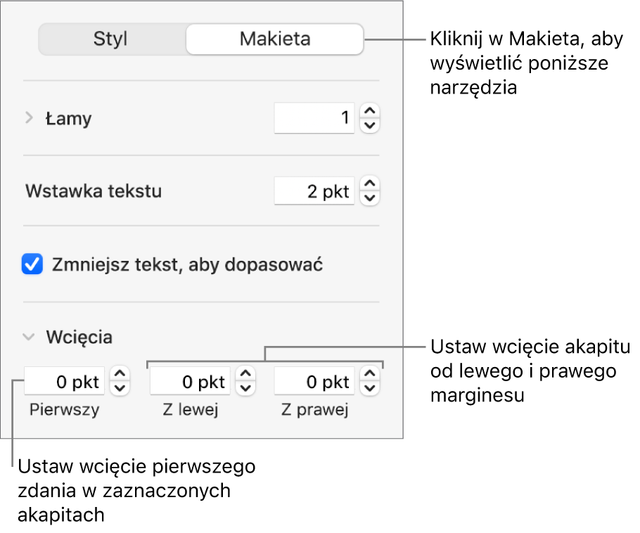 Sekcja Makieta na pasku bocznym Format, zawierająca narzędzia ustawiania wcięcia pierwszego wiersza oraz marginesów akapitu.