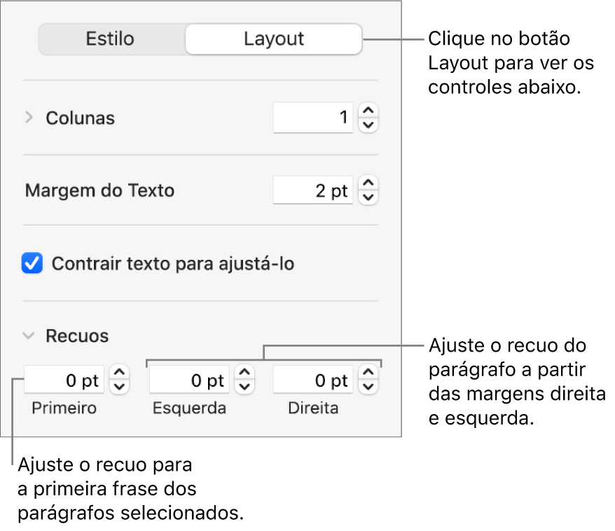 Seção Layout da barra lateral Formatar mostrando controles para ajuste do recuo da primeira linha e das margens do parágrafo.