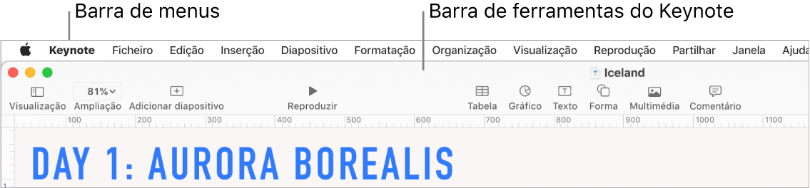 A barra de menus na parte superior do ecrã com os menus “Apple”, “Keynote”, “Ficheiro”, “Edição”, “Inserção”, “Formatação”, “Ordem”, “Visualização”, “Reprodução”, “Partilhar”, “Janela” e “Ajuda”. Por baixo da barra de menus encontra-se uma apresentação aberta do Keynote com os botões da barra de ferramentas na parte superior para “Visualização”, “Ampliação”, “Adicionar diapositivo”, “Reproduzir”, “Tabela”, “Gráfico”, “Texto”, “Forma” e “Multimédia”.