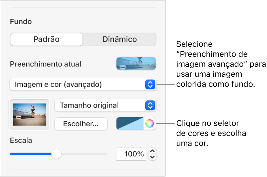 Os controlos de fundo, com uma Imagem e cor (avançado) com filtro de cor definida como o fundo do diapositivo.