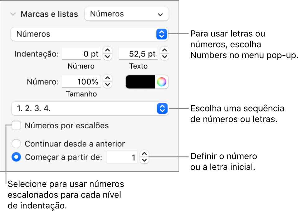 Controlos para alterar o estilo de número e o espaçamento de uma lista.