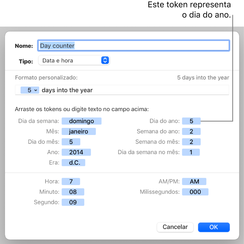 A janela de formato de célula personalizado com controlos para criar o formato de data e hora personalizado.