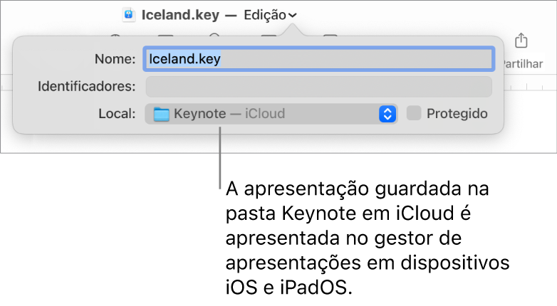 A caixa de diálogo Guardar de uma apresentação com “Keynote—iCloud” no menu pop-up “Onde”.