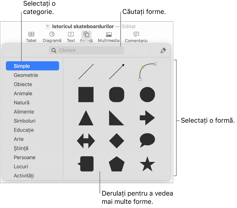 Biblioteca de forme, cu categoriile enumerate în partea stângă și formele afișate în partea dreaptă. Puteți utiliza câmpul de căutare din partea de sus pentru a găsi forme și derulați pentru a vedea mai multe.