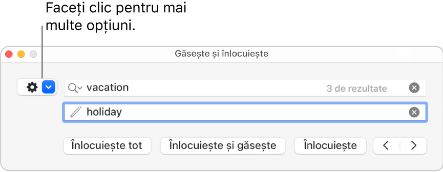 Fereastra Găsește și înlocuiește, cu o explicație pentru meniul pop-up care afișează mai multe opțiuni.