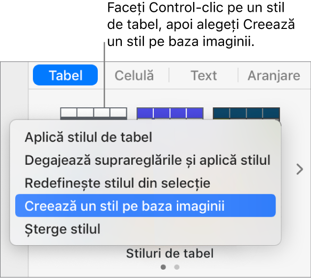Meniul de scurtături al stilului de tabel.