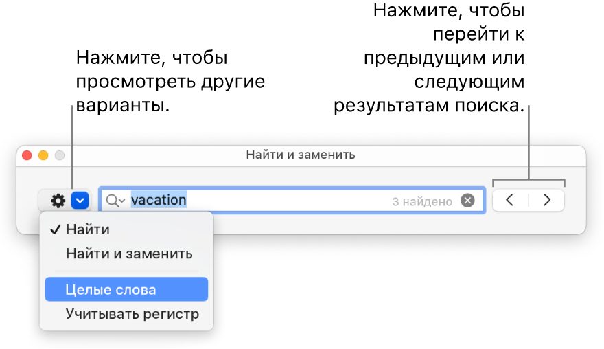 В окне «Найти и заменить» открыто всплывающее меню, в котором показаны параметры «Найти», «Найти и заменить», «Целые слова» и «Регистр». Стрелки справа позволяют переходить к предыдущему или следующему результату поиска.