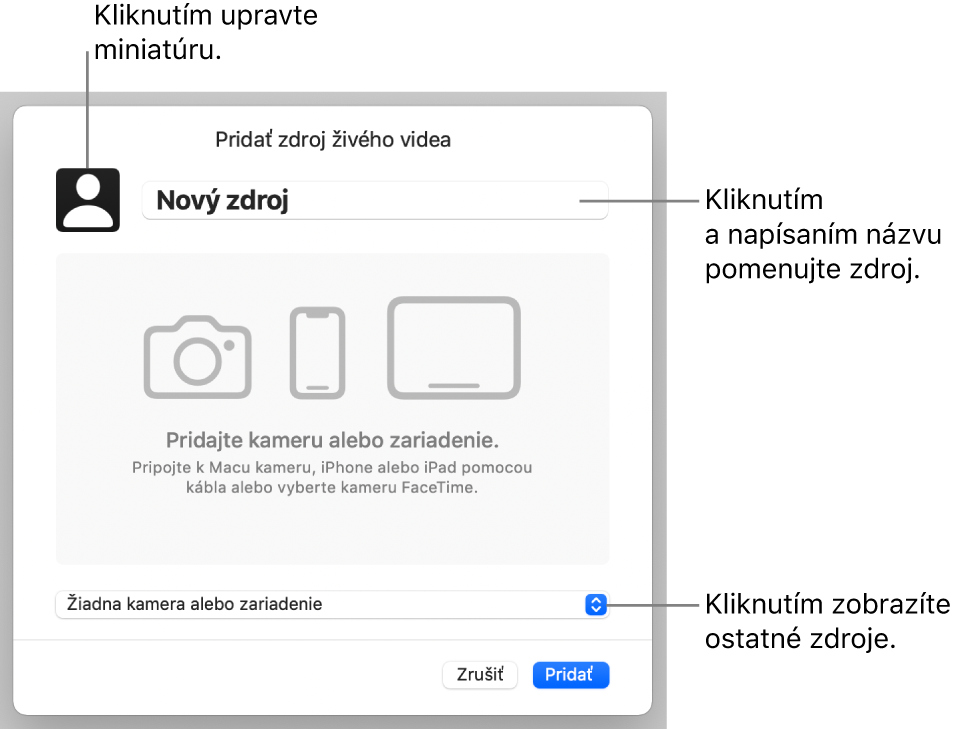 Okno Pridať zdroj živého videa s ovládacími prvkami na zmenu názvu a miniatúry zdroja v hornej časti a na výber iných zdrojov v spodnej časti.