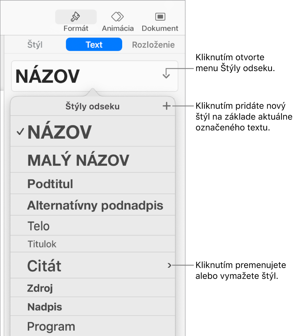 Menu Štýly odseku zobrazujúce ovládacie prvky na pridanie alebo zmenu štýlu.