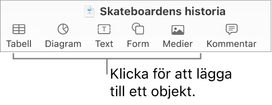 Verktygsfältet i Keynote med knappar som används till att lägga till ett objekt på en diabild.