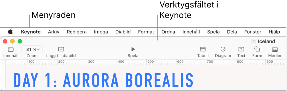 Menyraden överst på skärmen med menyerna Apple, Keynote, Arkiv, Redigera, Infoga, Format, Ordna, Innehåll, Spela, Dela, Fönster och Hjälp. Nedanför menyraden visas en öppen Keynote-presentation med knappar i verktygsfältet överst för vy, zooma, lägga till diabild, spela, tabell, diagram, text, form och medier.