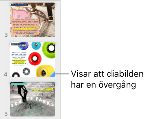 En blå triangel på en diabild visar att diabilden har en övergång.