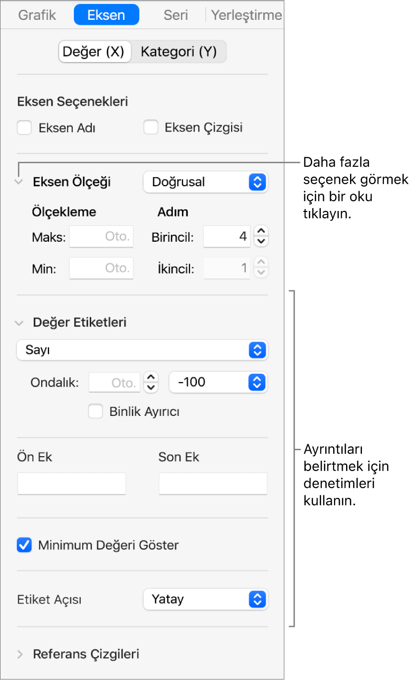 Grafik ekseni işaretlerini biçimleme denetimleri.