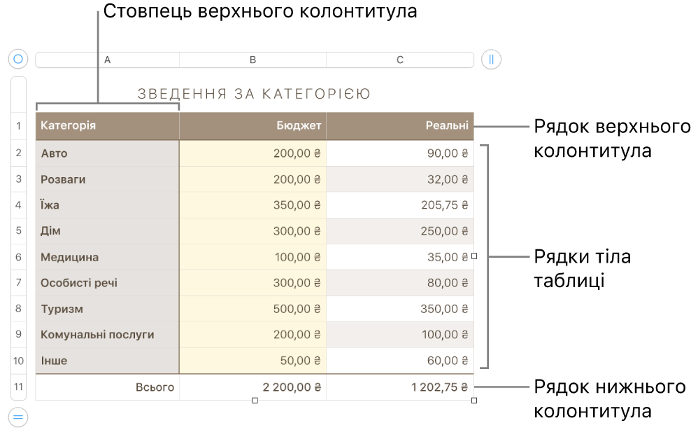 Таблиця з верхнім колонтитулом, тілом таблиці, рядками та стовпцями в нижньому колонтитулі та маніпуляторами для додавання або видалення рядків чи стовпців.