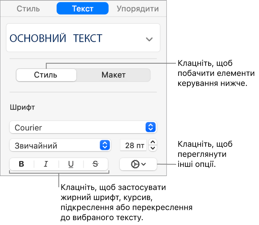 Елементи керування стилем на бічній панелі із виносками на кнопки «Жирний», «Курсив», «Підкреслення» і «Перекреслення».