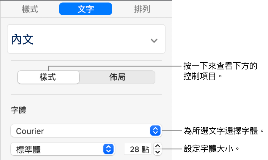 側邊欄「樣式」區域中的文字控制項目，可設定字體和字體大小。