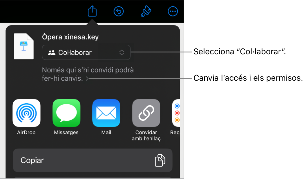 Menú “Compartir” amb l’opció “Col·laborar” seleccionada a la part superior i la configuració dels permisos a sota.