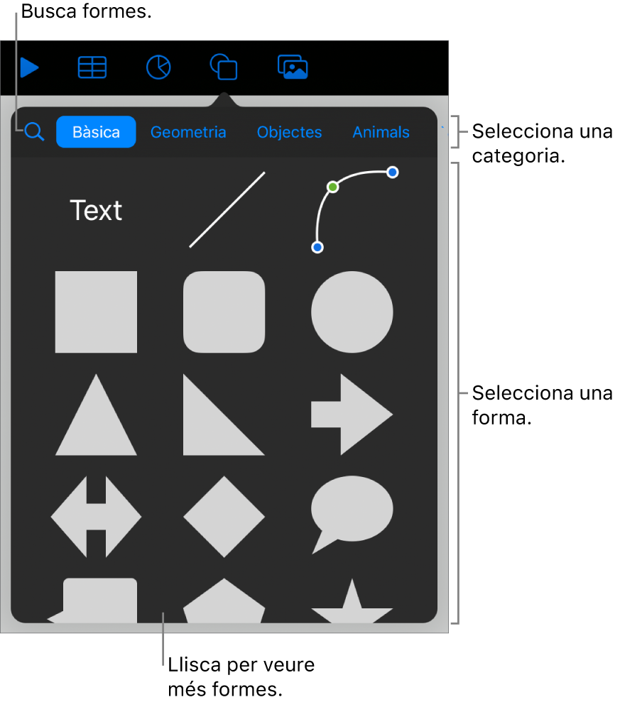 La biblioteca de formes, amb categories a la part superior i les formes a sota. Pots utilitzar el camp de cerca situat a la part superior per trobar formes i passar el dit per veure’n més.