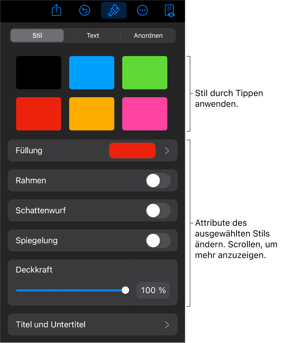 Der Tab „Stil“ des Menüs „Format“ mit Objektstilen oben und Steuerelementen zum Ändern des Rahmens, des Schattens, der Reflexion und der Deckkraft darunter.