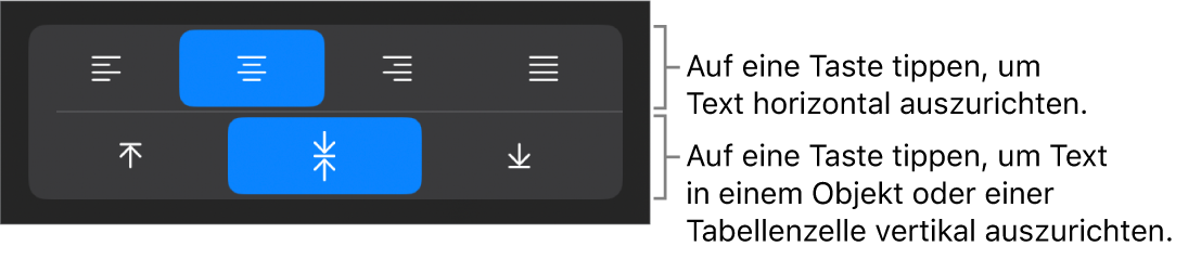 Horizontale und vertikale Ausrichtungstasten für Text