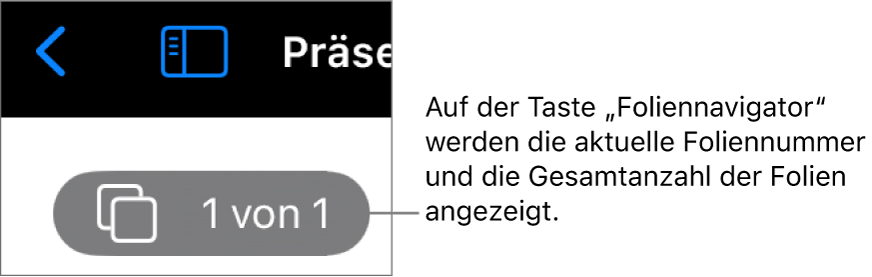 Die Taste „Foliennavigator“ mit der aktuellen Foliennummer und der Gesamtzahl der Folien in der Präsentation.