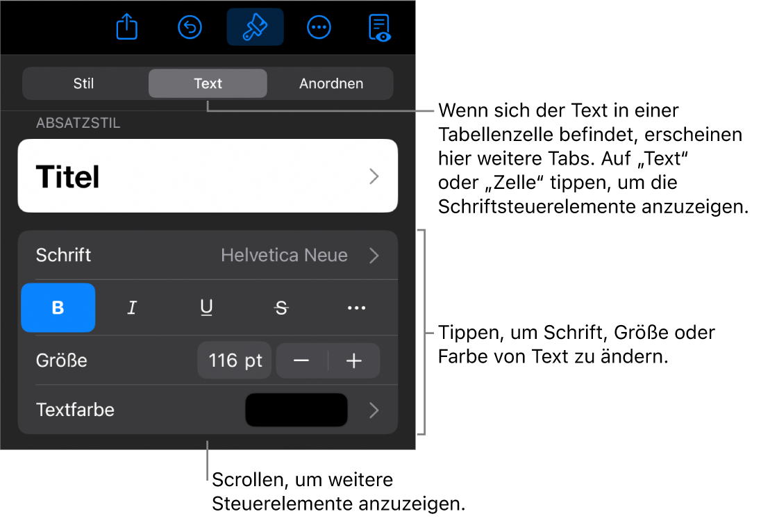 Textsteuerelemente im Menü „Format“ zum Festlegen von Absatz- und Zeichenstilen, Schrift, Größe und Farbe