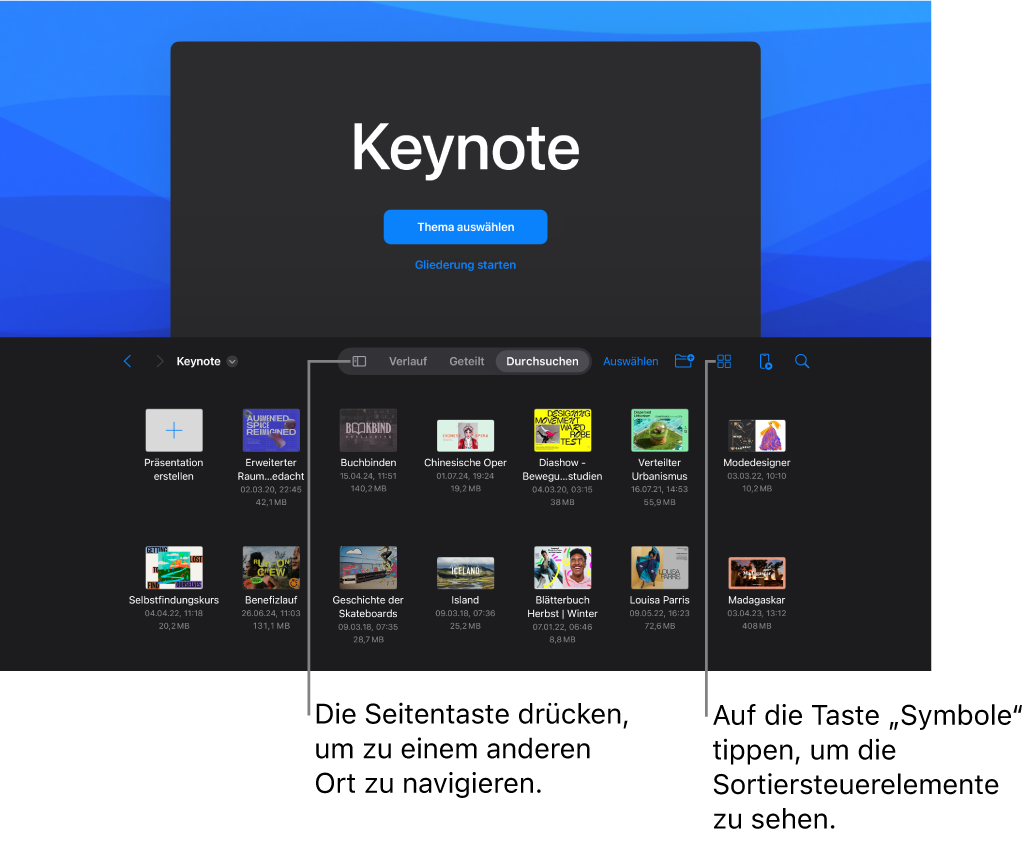 Die Darstellung zum Durchsuchen im Präsentationenmanager mit einem Link zu einem Ort oben links und einem Suchfeld oben rechts. Oben auf dem Bildschirm befinden sich die Tasten „Hinzufügen“, „Neuer Ordner“, die Taste „Symbole“ zum Filtern nach Name, Datum, Größe, Art und Tag, die Taste „Fernbedienung“ und die Taste „Auswählen“. Darunter befinden sich Miniaturen bereits vorhandener Präsentationen.